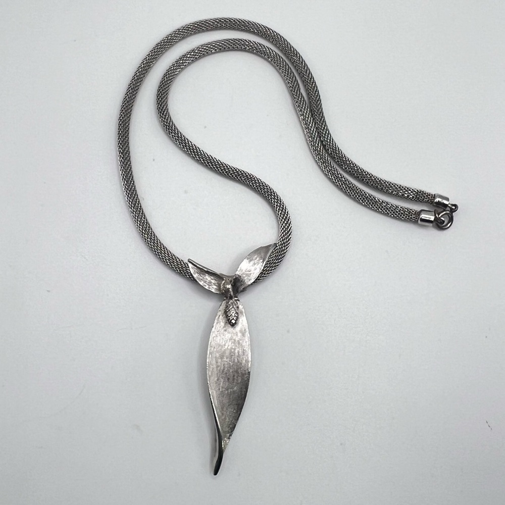 Vintage Judy Lee 1950s Silver Mesh Necklace Leaf Pendant 20”